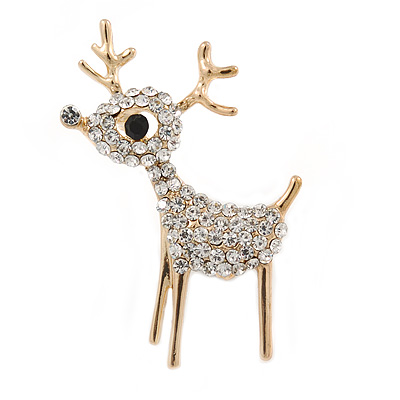 Clear Crystal Christmas Reindeer Brooch In Gold Plating - 40mm