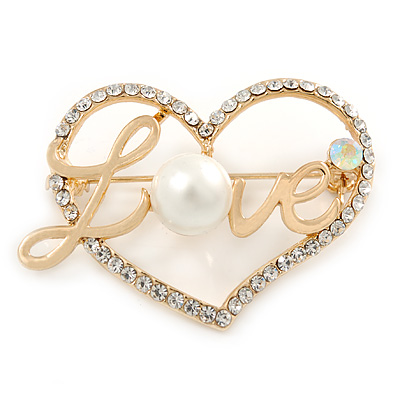 Gold Plated Clear Crystal, Pearl, Love Open Heart Brooch - 40mm