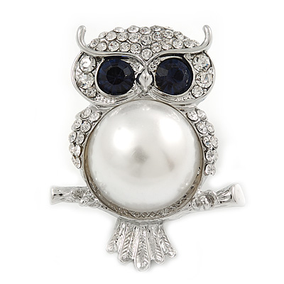 Clear/ Dark Blue Crystal, White Glass Pearl Sitting Owl Brooch/ Pendant In Silver Tone - 45mm L