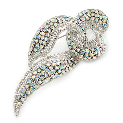 Statement AB Crystal Ribbon Brooch In Silver Tone Metal - 70mm