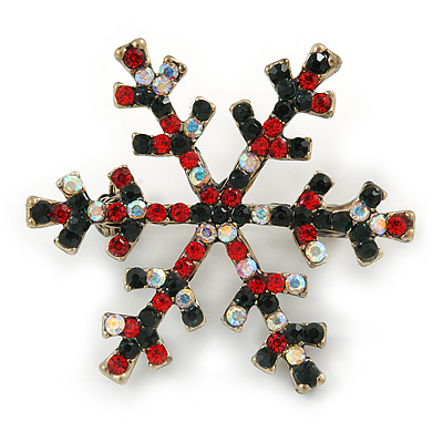 Vintage Inspired Green/ Ab/ Red Crystals Christmas Snowflake Brooch In Antique Gold Tone - 40mm