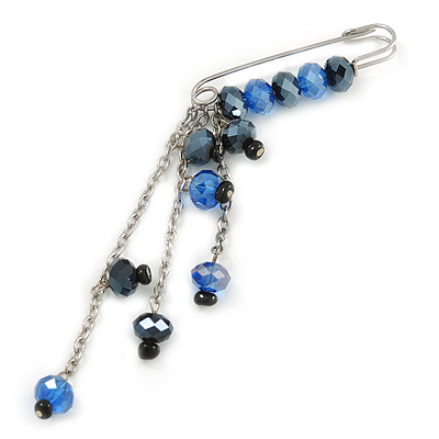 Blue Faceted Bead Charm Safety Pin Brooch In Silver Tone - 8cm Drop