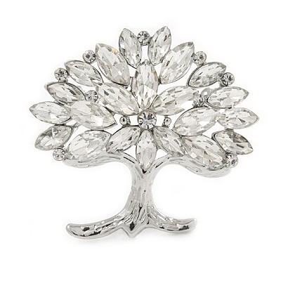 Clear Crystal Tree Of Life Brooch In Rhodium Plating - 45mm