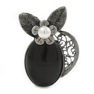 Vintage Inspired Black Oval Resin Stone, Pearl Flower Pewter Tone Brooch/ Pendant - 65mm