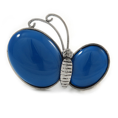 Royal Blue Ceramic Asymmetric Butterfly Brooch/ Pendant In Antique Silver Tone Metal - 65mm - main view