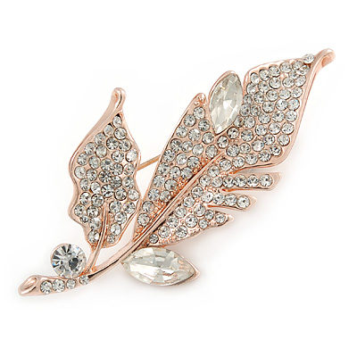 Exquisite Clear Crystals Cz Leaf Brooch In Rose Gold Tone Metal - 65mm L