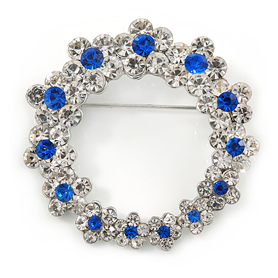 Rhodium Plated Clear/ Sapphire Blue Crystal Wreath Brooch - 45mm