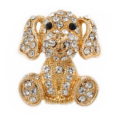 Gold Plated Clear Crystal Puppy Dog Brooch - 25mm - main view