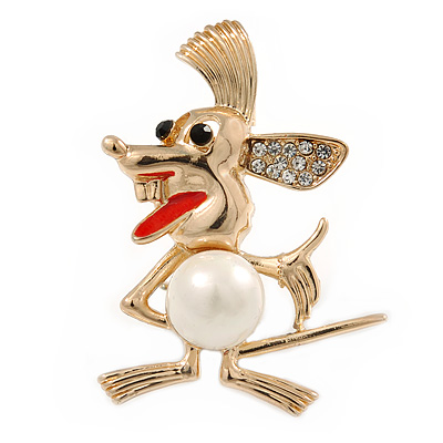 Crazy Mouse Crystal, Pearl Brooch In Gold Plating - 40mm