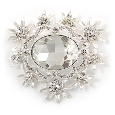 Light Silver Tone Clear Glass Stone Corsage Brooch - 65mm