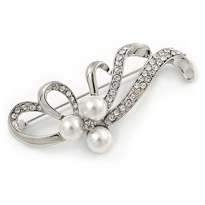 Fancy Simulated Pearl Crystal Floral Brooch In Rhodium Plated Metal - 60mm L