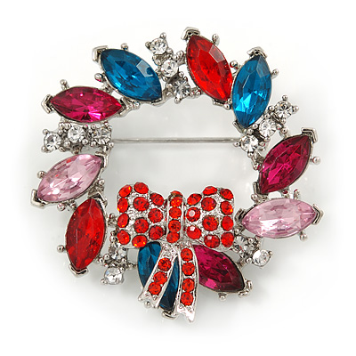 Red/ Pink/ Teal Crystal Christmas Holly Wreath Brooch In Silver Tone - 40mm