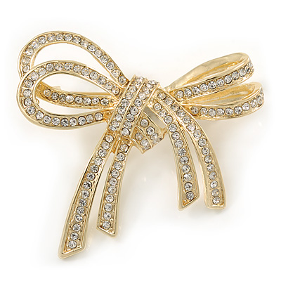 Double Bow Clear Crystal Brooch In Bright Gold Tone Metal - 55mm W