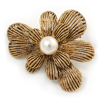 Vintage Inspired Layered Textured Flower Brooch In Gold Tone Metal - 60mm
