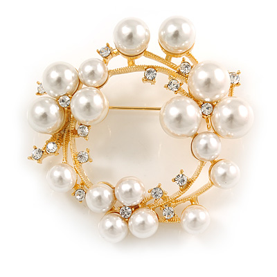 White Glass Pearl, Clear Crystal Wreath Brooch In Gold Tone Metal - 55mm D