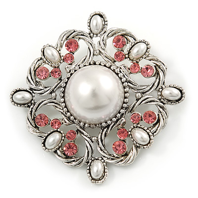 Vintage Bridal Corsage Simulated Pearl Pink Crystal Brooch In Silver Tone Metal - 50mm D