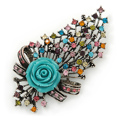Large Vintage Inspired Multicoloured Crystal Rose Floral Brooch/ Pendant In Antiqued Silver Tone - 95mm L