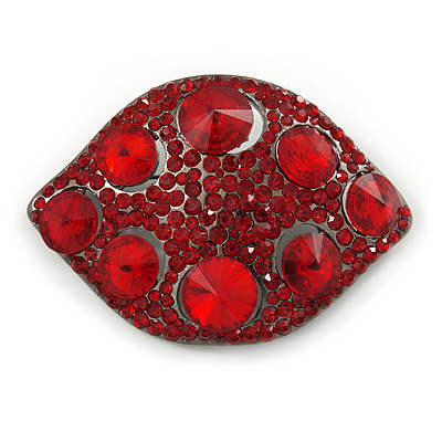 Abstract Ruby Red Glass, Crystal Leaf Brooch In Gun Metal Finish - 75mm - main view
