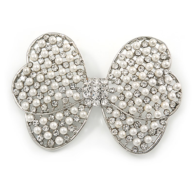 Simulated Pearl Clear Crystal Bow Brooch In Rhodium Plating - 65mm