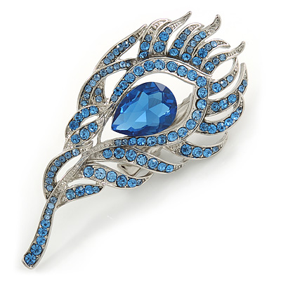 Exotic Blue Crystal 'Peacock Feather' Brooch/ Hair Clip In Rhodium Plating - 8cm L