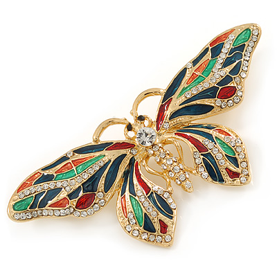 Multicoloured Enamel, Crystal Butterfly Brooch In Gold Tone Metal - 80mm W