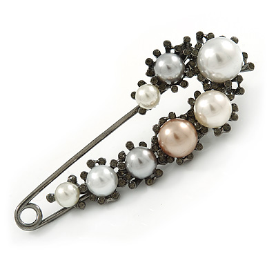Large Vintage Inspired Glass Pearl, Crystal Safety Pin Brooch In Gun Metal Finish - 90mm - main view
