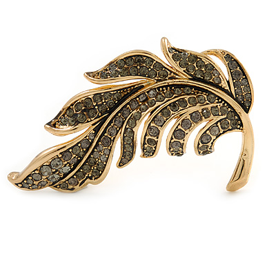 Exquisite Grey Crystal Leaf Brooch In Gold Tone - 60mm