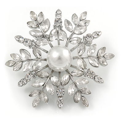 Rhodium Plated Clear CZ, Crystal Snowflake Brooch/ Pendant - 48mm