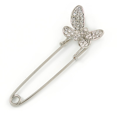Clear Crystal Assymetrical Butterfly Safety Pin In Silver Tone - 70mm L