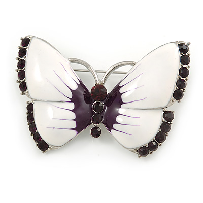 White Eanamel Purple Crystal Butterfly Brooch In Silver Tone Metal - 50mm