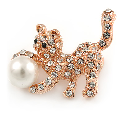 Small Crystal Kitty with Pearl Ball Brooch In Rose Gold Metal - 30mm