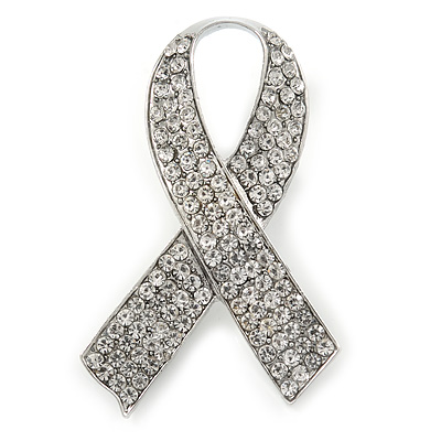 Clear Crystal Breast Cancer Awareness Ribbon Lapel Pin In Rhodium Plating - 55mm L