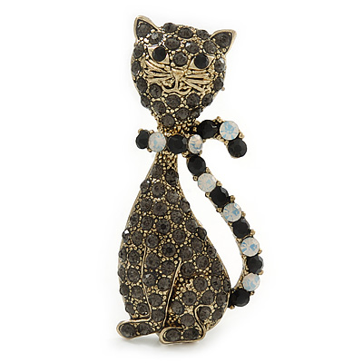 Vintage Inspired Dim Grey/ Milky White Crystal Cat Brooch In Antique Gold Tone Metal - 55mm L
