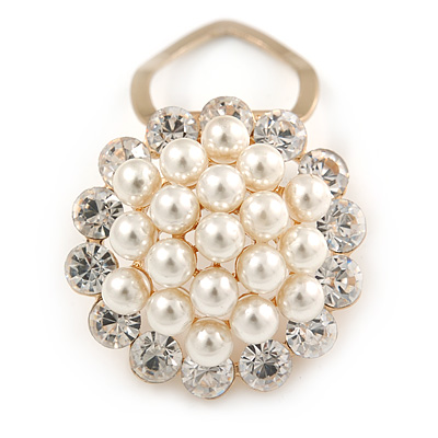 White Faux Pearl & Clear Diamante Round Scarf Pin/ Brooch In Gold Finish - 32mm D