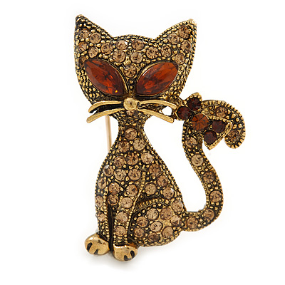 Sweet Topaz Crystal Cat Brooch In Antique Gold Tone Metal - 35mm L - main view
