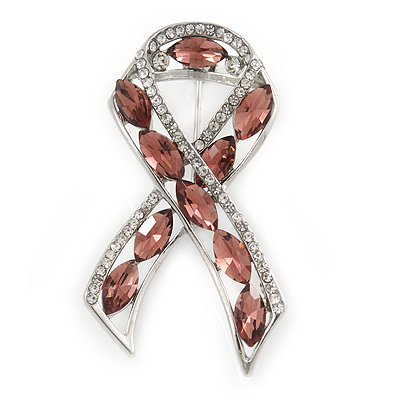 Clear/ Plum Crystal Breast Cancer Awareness Ribbon Lapel Pin In Rhodium Plating - 45mm L