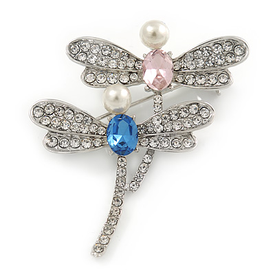 Two Crystal Dragonfly Brooch In Silver Tone Metal - 45mm