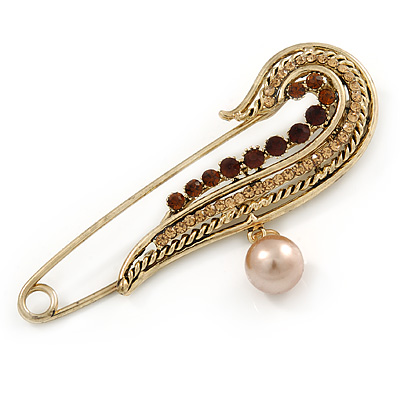 Vintage Inspired Large Topaz Crystal Wing Safety Pin Brooch In Gold Tone Metal - 80mm L - main view