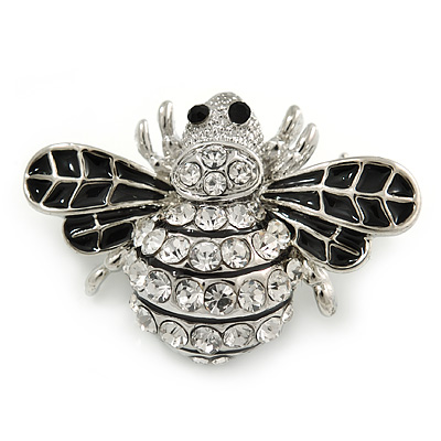 Little Clear Crystal, Black Enamel Bee Brooch In Silver Tone - 35mm W - main view