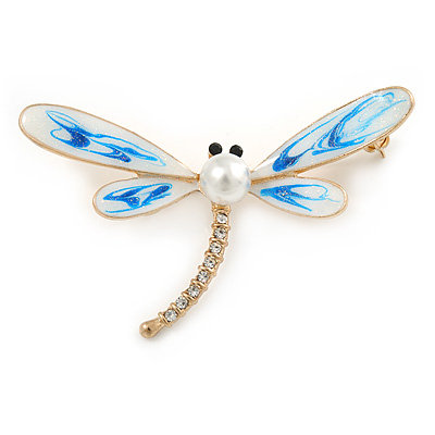 Elegant White/ Light Blue Enamel, Faux Pearl, Crystal Dragonfly Brooch In Gold Tone Metal - 60mm W - main view