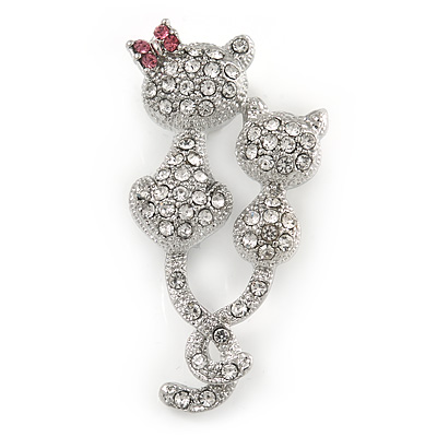 Two Little Cats Small Clear Crystal Brooch In Silver Tone Metal - 45mm L