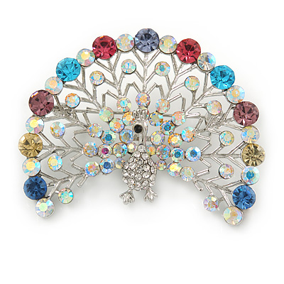 Statement Multicoloured Peacock Brooch In Silver Plated Metal - 58mm W