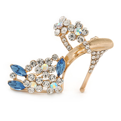 Clear/ Blue Crystal Sexy High Heel Shoe Brooch In Gold Plated Metal - 45mm