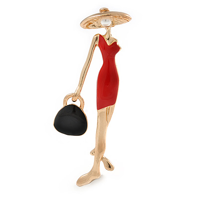 Elegant Lady in The Red Dress Brooch In Gold Plated Metal - 60mm L