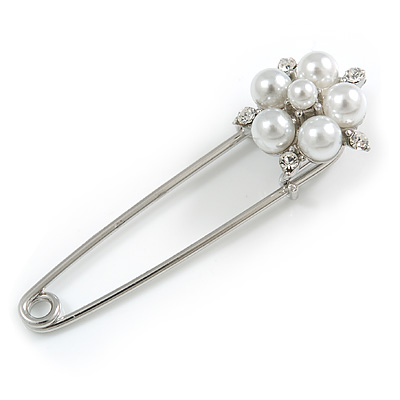 Silver Plated Safety Pin with Faux Pearl, Crystal Flower - 50mm - main view