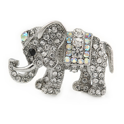 Small Crystal Elephant Brooch In Silver Tone Metal - 35mm