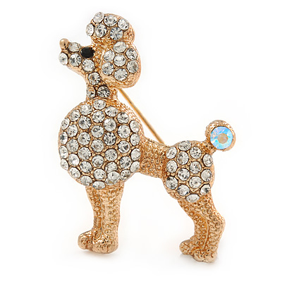 Small Clear Crystal Poodle Brooch In Gold Tone Metal - 38mm
