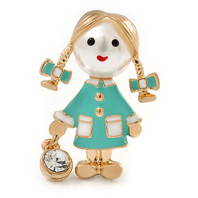 Funky Mint Green Enamel, Pearl Bead Doll Brooch with Crystal Purse In Gold Tone Metal - 40mm L