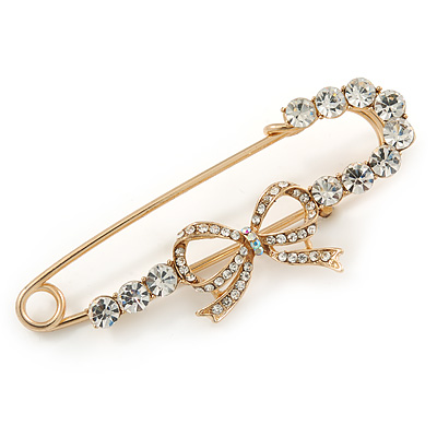 Gold Plated Clear Crystal Safety Pin Brooch With Bow Motif - 65mm L