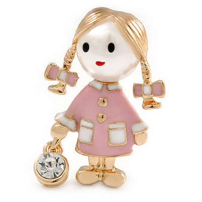 Funky Pink Enamel, Pearl Bead Doll Brooch with Crystal Purse In Gold Tone Metal - 40mm L